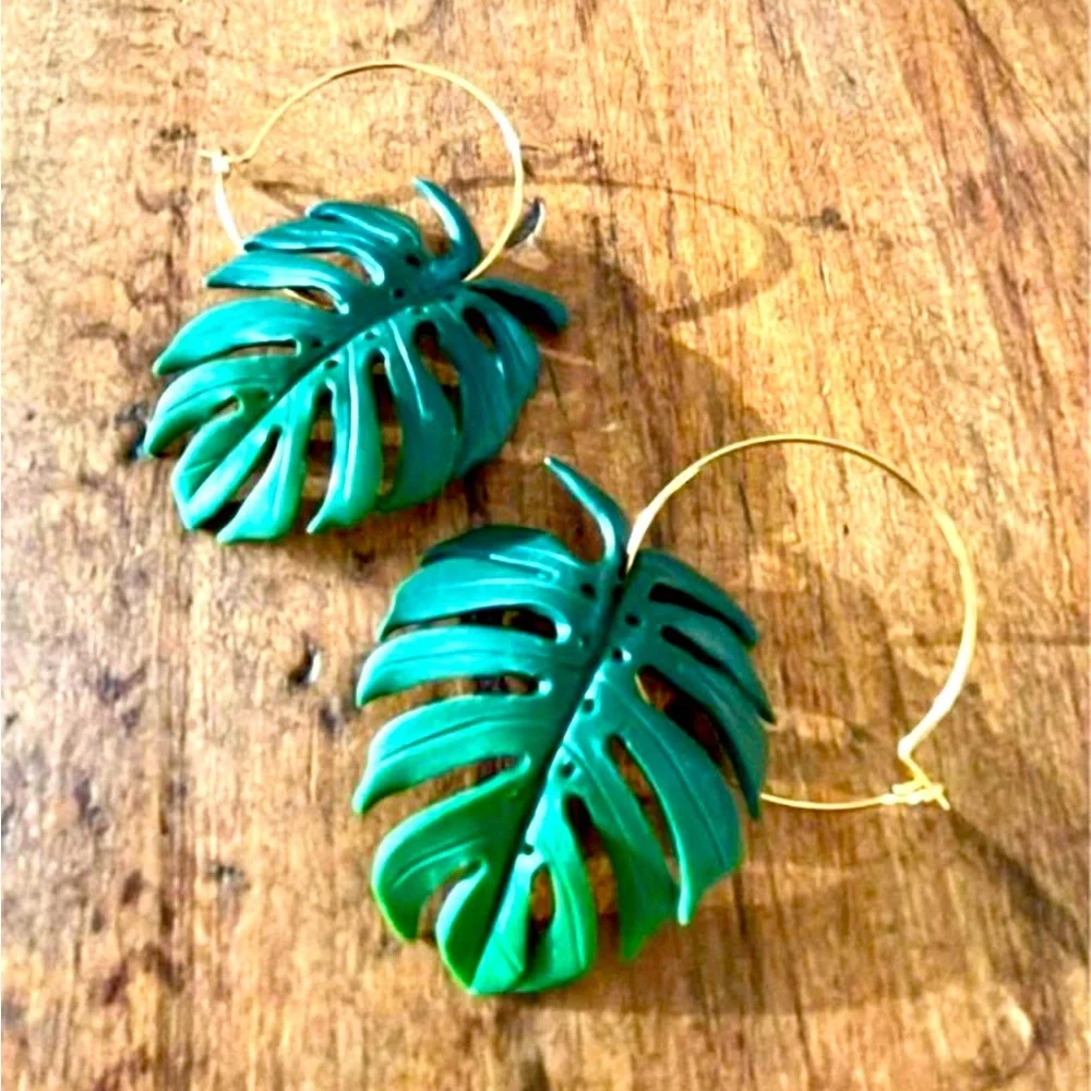 Monstera Gold Hoop Earrings - Picture 1 of 4